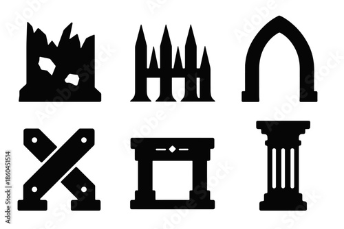 Nightmare Design Icons. Solid style icons of nightmare reinforcement design: jagged wall, spike barrier, dark arch, structural