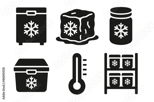 Frozen Ecosystem Icons. Solid style icons of frozen ecosystem preservation: storage freezer, ice block, sample jar, insulated box,
