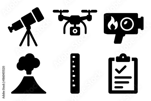 Volcano Monitoring Tools. Solid style icons of volcanic observation equipment: telescope, drone, thermal camera, smoke plume,