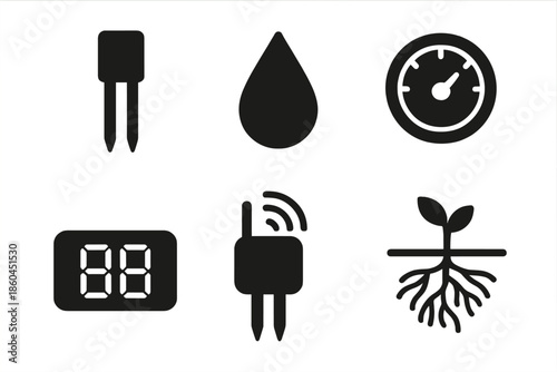 Moisture Sensor Icons. Solid style icons of moisture level sensors: soil probe, water droplet, gauge, digital display, sensor node
