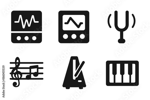 Theoretical Music Icons. Solid style icons of theoretical music devices: waveform, oscillator, staff lines, metronome, tuning fork