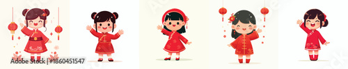vector little girl standing waving hand celebrating Chinese New Year