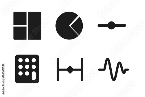 Harmonic Ratio Icons. Solid style icons of harmonic ratio calculators: fraction chart, pie diagram, slider, numeric keypad, ratio