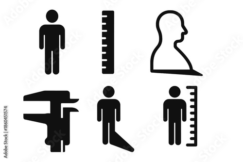 Measurement Instruments Silhouette. Solid style icons of silhouette measurement instruments: human figure, ruler, outline, caliper
