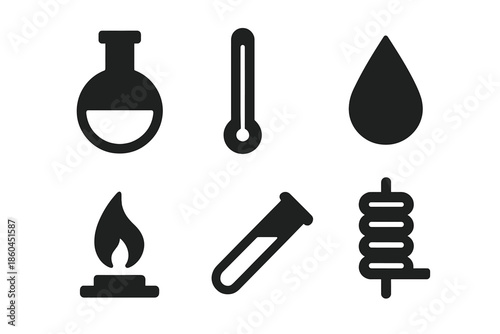 Distillation Tools Icons. Solid style icons of recollection distillation tools: distillation flask, thermometer, liquid drop, heat