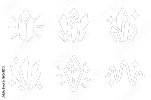 Luminous Crystal Icons. Solid style icons of luminous crystal patterns: glowing facets, rhythmic reflections, spectrum shards,