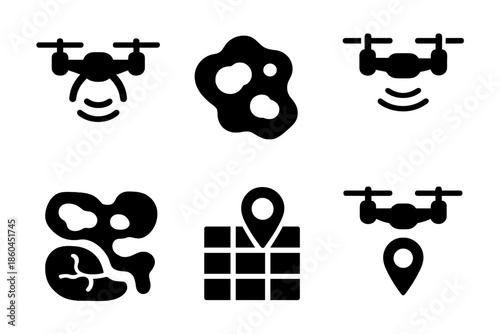 Ecological Monitoring Icons. Solid style icons of aerial ecological monitoring: quadcopters, wetland patches, sensor lines,