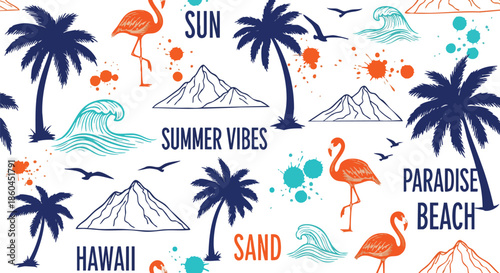 Tropical Summer Pattern with Flamingos, Palm Trees, Mountains, and Waves for Vacation and Resort Design.
