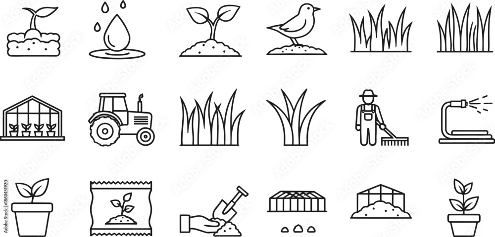 Obraz premium Complete gardening and agriculture line icon set featuring seedling growth tractors greenhouses farm workers irrigation hoses and essential plant cultivation tools