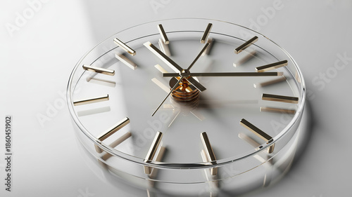 Modern Glass Clock with Gold Hands in Soft Natural Lighting on Minimalist White Background for Time Management