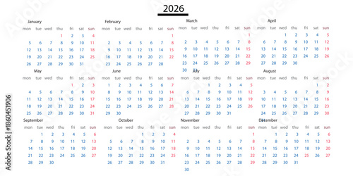 Monthly calendar template for 2026 year. Wall or desk calendar in a minimalist style. Diary planner for 2026 year. Week Starts on Sunday.