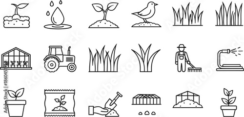 Complete gardening and agriculture line icon set featuring seedling growth tractors greenhouses farm workers irrigation hoses and essential plant cultivation tools