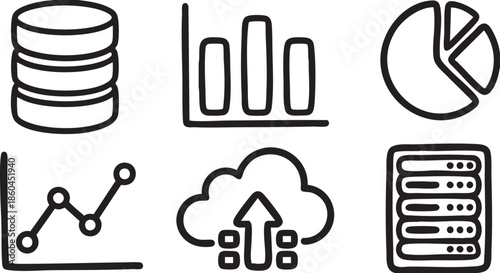 Hand drawn of data storage bar chart pie chart line graph cloud upload and server database