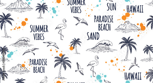 Tropical Summer Vibes Seamless Pattern with Palm Trees, Waves, Birds, and Mountains.