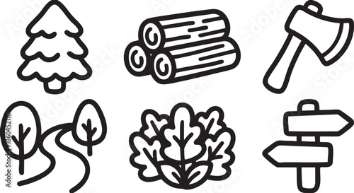 Set of six black line depicting nature and outdoor tree pine evergreen logs wood