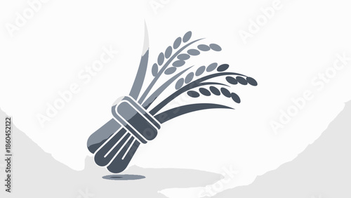 A bundle of wheat tied together with a string standing upright on a plain surface