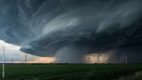 Dramatic Tornado Storm Cloud in Ominous Dark Gray Skies with Wind Turbines in Foreboding Landscape for Weather Warning