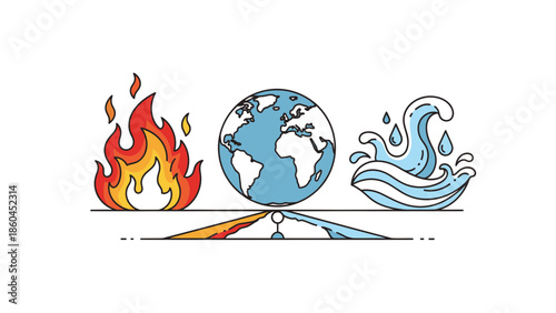 Illustration of Earth with elements fire and water in balance on a neutral background