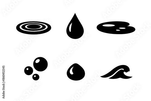 Soft Water Icons. Solid vector icons of soft water elements: ripple, droplet, pond surface, bubble, dew, small wave No text, No