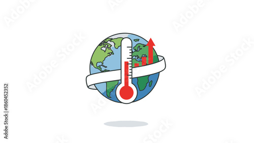 Illustration of Earth's rising temperature depicted with a thermometer wrapped around the globe
