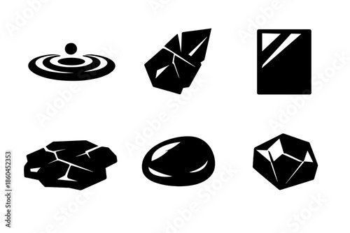 Reflective Surface Icons. Solid vector icons of reflective surfaces: water ripple, mirror shard, glass pane, ice patch, polished
