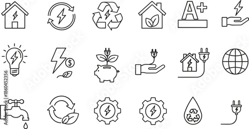 Complete eco friendly housing and energy saving line icons featuring green home solutions smart electric power recycling and sustainable living symbols