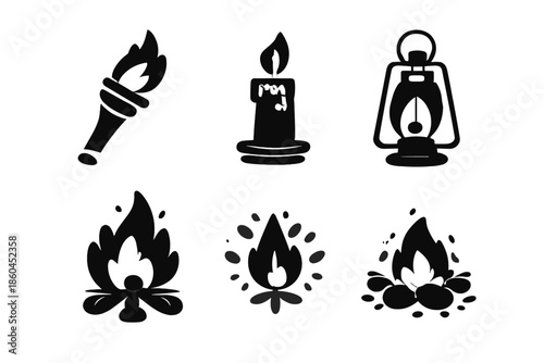 Flickering Flame Icons. Solid vector icons of flickering flames: torch, candle, lantern, fire, spark, ember No text, No labels,