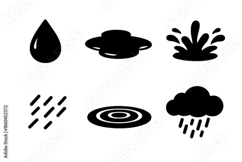 Raindrop and Ripple Icons. Solid vector icons of rain and water: raindrop, puddle, splash, water ripple, drizzle, cloud burst No
