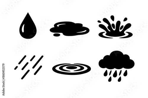 Raindrop and Ripple Icons. Solid vector icons of rain and water: raindrop, puddle, splash, water ripple, drizzle, cloud burst No