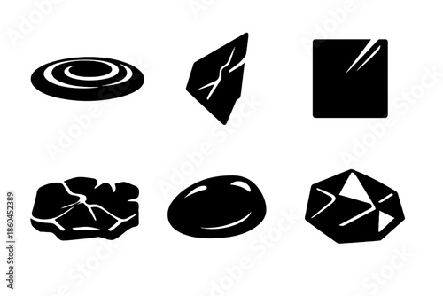 Reflective Surface Icons. Solid vector icons of reflective surfaces: water ripple, mirror shard, glass pane, ice patch, polished