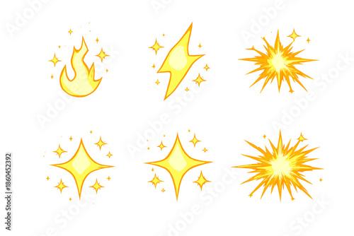 Glowing Spark Icons. Solid vector icons of glowing sparks: ember, flash, flare, spark, twinkle, burst No text, No labels, isolated