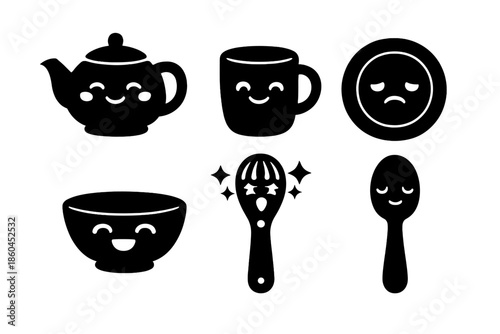Emotive Kitchen Icons. Solid vector icons of emotive kitchen items: teapot with blush, mug with smile, plate with frown, bowl with