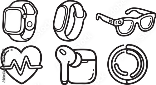 Six black line of technology and health on white background smartwatch fitness tracker earbuds