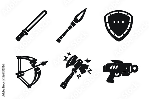 Futuristic Weapon Icons. Solid vector icons of weapons and tech: laser sword, plasma spear, energy shield, hologram bow,