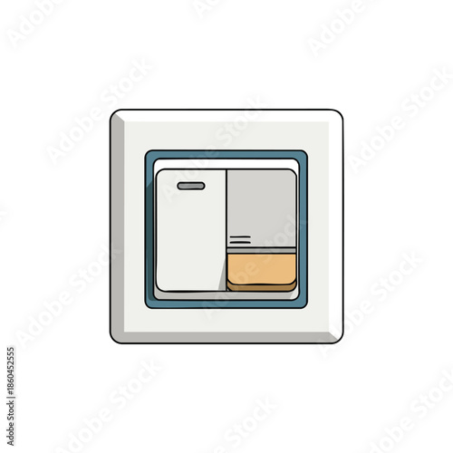 A rectangular light switch on white with a black outline and a teal internal frame