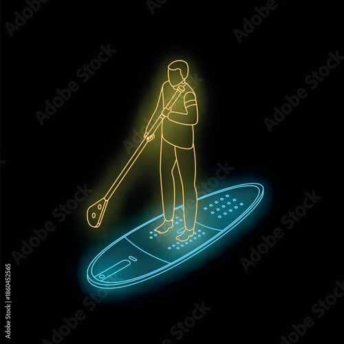 Neon illustration of a man standing on a sup board, paddling in the dark