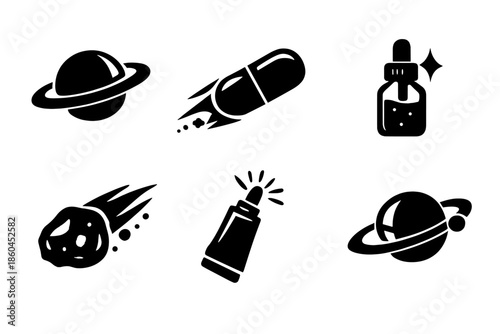 Pharmaceutical Space Icons. Solid vector icons of pharmaceutical space elements: pill planet, capsule comet, liquid vial with