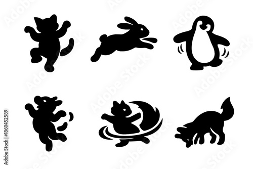 Animal Gesture Icons. Solid vector icons of expressive animal gestures: dance, leap, sway, jump, spin, bow No text, No labels,