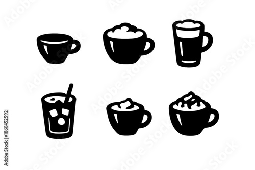 Coffee Icons Collection. Solid vector icons of coffee drinks: espresso, cappuccino, latte, macchiato, iced coffee, mocha No text,