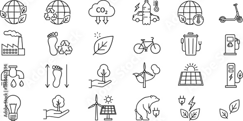 Complete ecology and green energy line icon set featuring solar panels wind turbines carbon footprint reduction electric transport and sustainable environment symbols