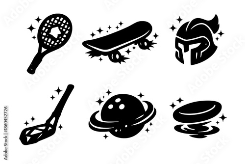 Magical Sporting Equipment. Solid vector icons of magical sporting equipment: enchanted racket, glowing skateboard, spellbound