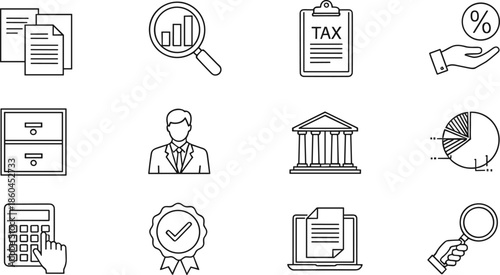 Complete tax compliance and financial auditing line icons featuring tax forms data analytics government bank buildings and investment profit analysis symbols