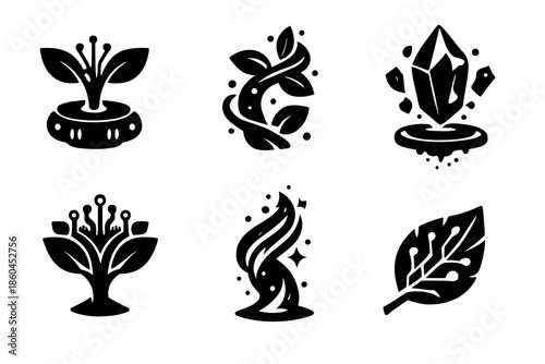Futuristic Digital Growth. Solid vector icons of futuristic growth: sprouting AI, glowing vine, floating crystal, data bloom,