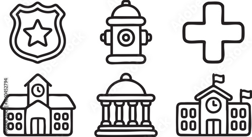 Six simple outline police badge fire hydrant medical cross school courthouse and university buildings