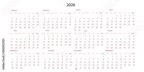 Minimalist style monthly calendar template for year. English calendar. Week starts on Sunday. Set of 12 months. Simple elegant design. Square composition