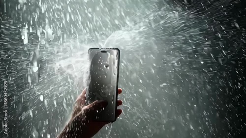 Medium shot showcasing a specialist spraying hydrophobic nanocoating on a smartphone screen to repel water droplets and prevent smudging.