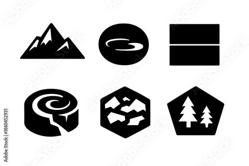 Minimalist Geography Icons. Solid style icons of Minimalist Geography: triangle peak, circle pond, square plain, spiral gorge,