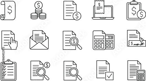 Professional digital accounting and invoicing line icon set featuring financial reports tax calculators online payments and business auditing document symbols