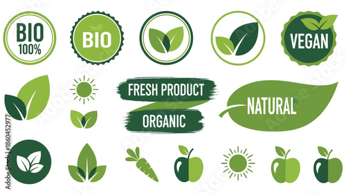 Organic natural bio label icon set with healthy food badges. Fresh eco vegetarian food. Stock vector illustration.