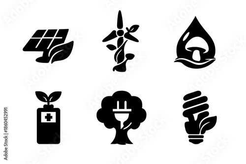 Green Energy Icons. Solid style icons of Green Energy: solar panel leaf, wind turbine vine, water droplet mushroom, battery seed,